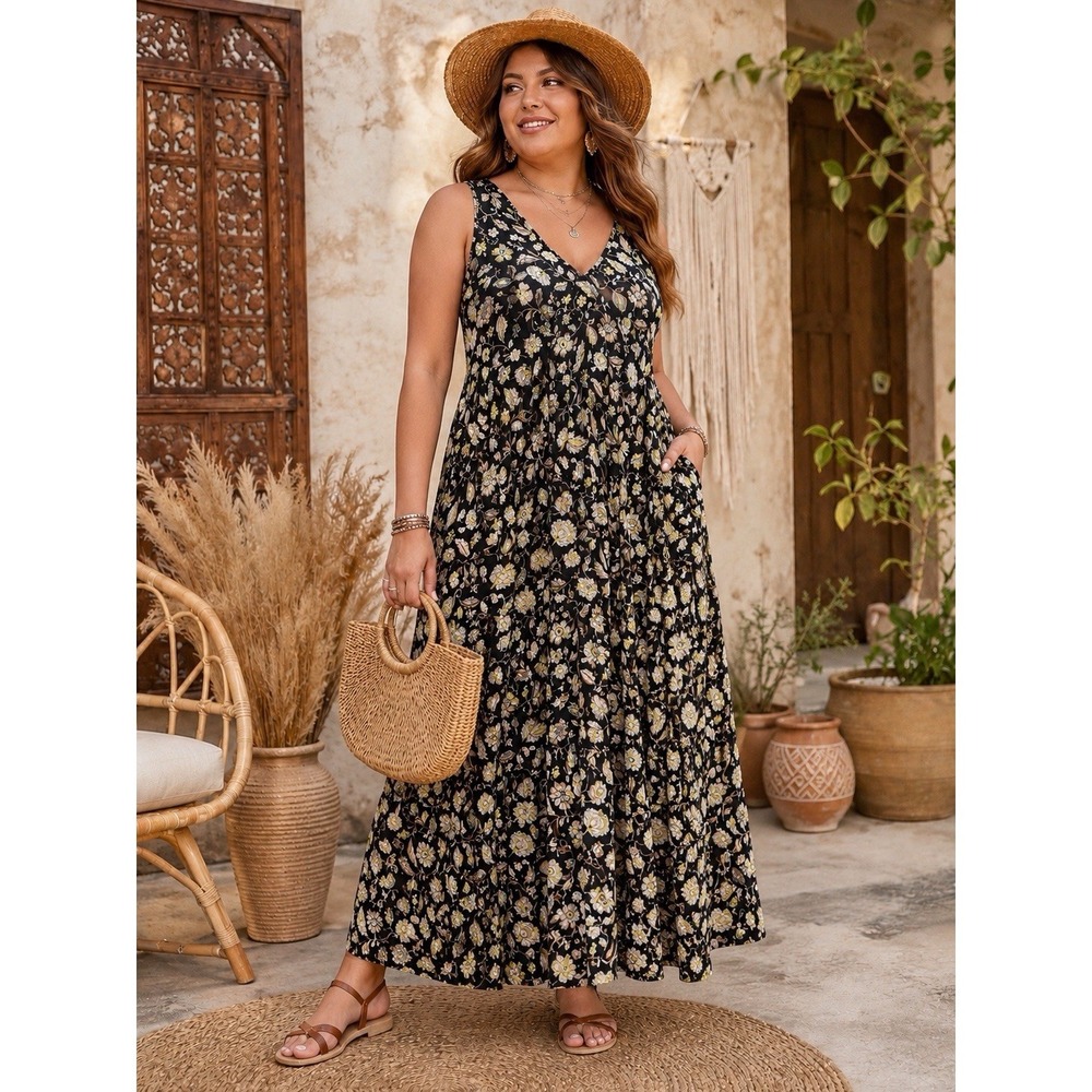 Old Navy‎ Black Floral XL Boho Maxi Dress Sleeveless Cottagecore Tie Waist AA36